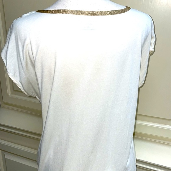 Ann Taylor Ivory w Gold Metallic Trim Top Boatneck Short Cap Sleeve Size LP - Picture 2 of 12